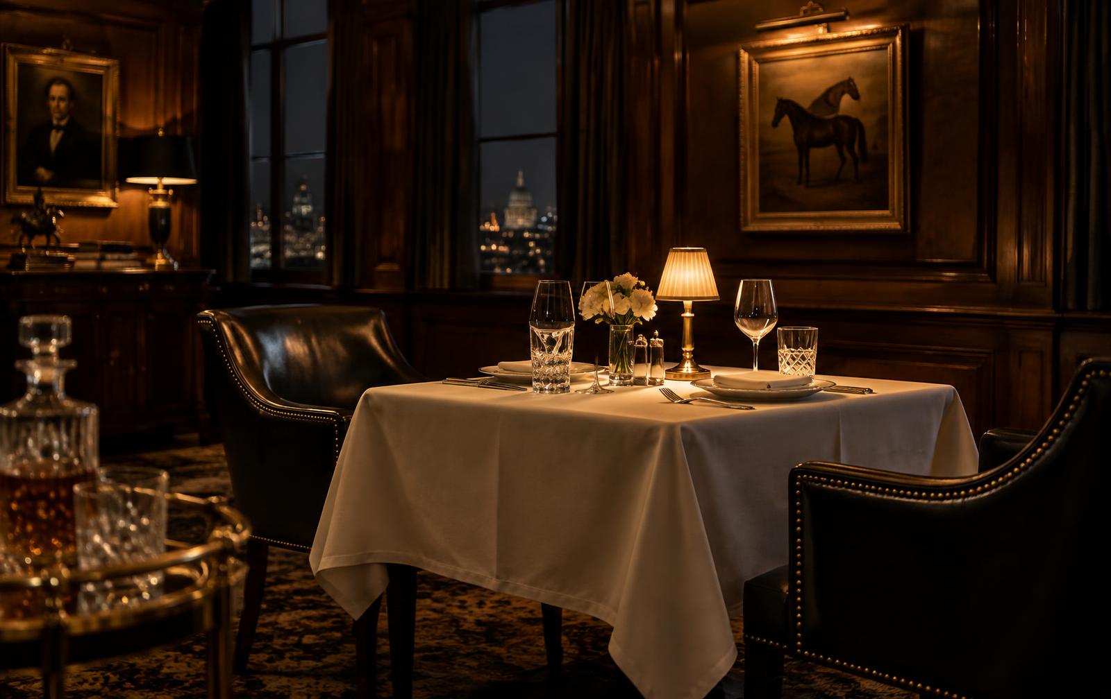 Salón privado del club con mesa preparada para una comida de negocios